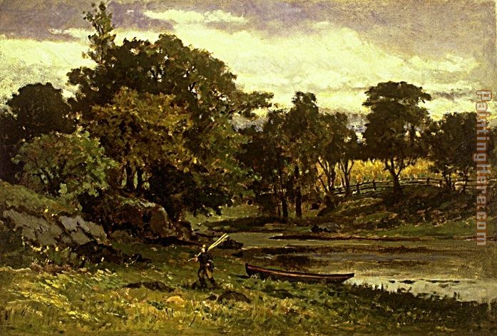 landscape, boat moored near stream, man walking in foreground